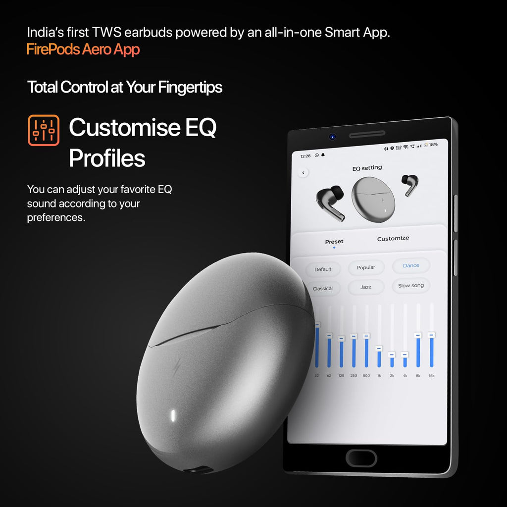 Fire-Boltt Aero TWS Earbuds Custom EQ, Wireless Bluetooth 5.4, Music & App Support, 50H Playtime, Fast Charging Case, 50ms Low Latency for Gaming, Touch Controls, IPX4 Waterproof, Clear Calls - Black