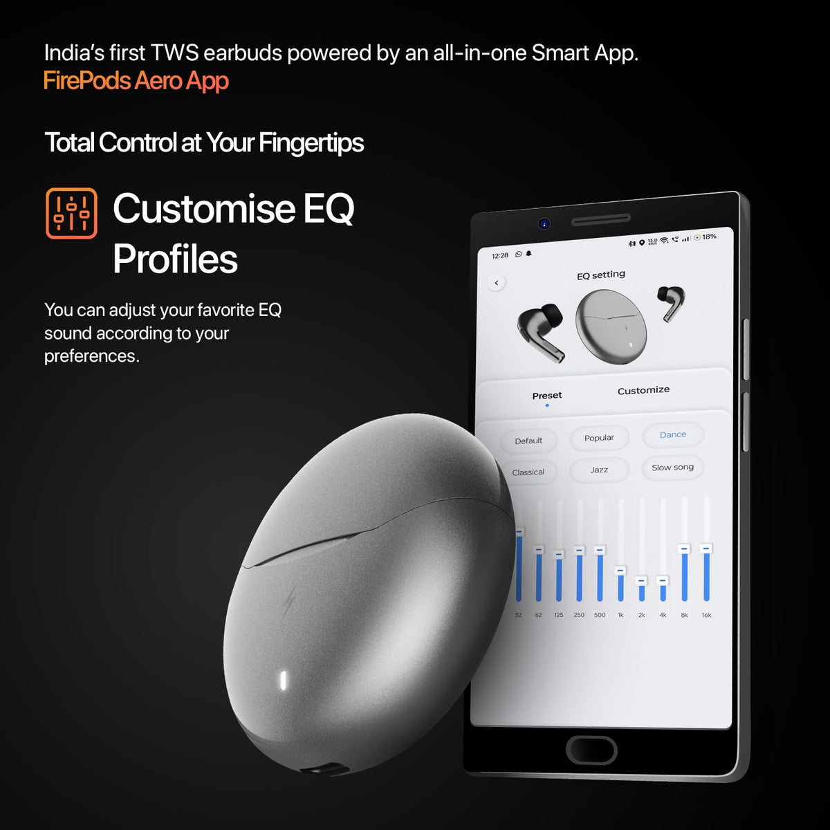 Fire-Boltt Aero TWS Earbuds Custom EQ, Wireless Bluetooth 5.4, Music & App Support, 50H Playtime, Fast Charging Case, 50ms Low Latency for Gaming, Touch Controls, IPX4 Waterproof, Clear Calls - Black