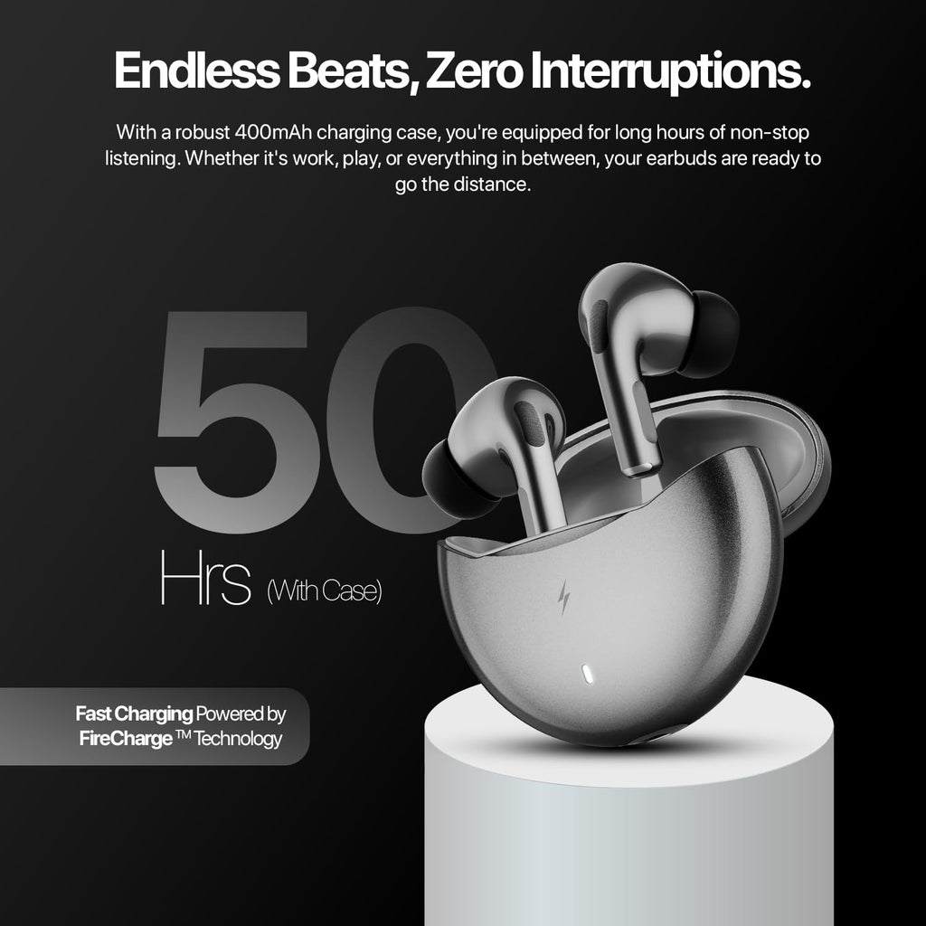 Fire-Boltt Aero TWS Earbuds Custom EQ, Wireless Bluetooth 5.4, Music & App Support, 50H Playtime, Fast Charging Case, 50ms Low Latency for Gaming, Touch Controls, IPX4 Waterproof, Clear Calls - Black