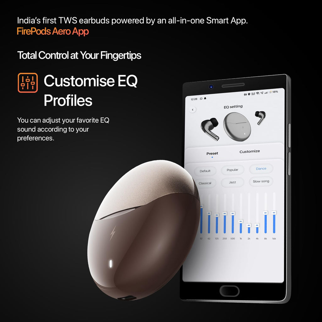 Fire-Boltt Aero TWS Earbuds Custom EQ, Wireless Bluetooth 5.4, Music & App Support, 50H Playtime, Fast Charging Case, 50ms Low Latency for Gaming, Touch Controls, IPX4 Waterproof, Clear Calls - Black