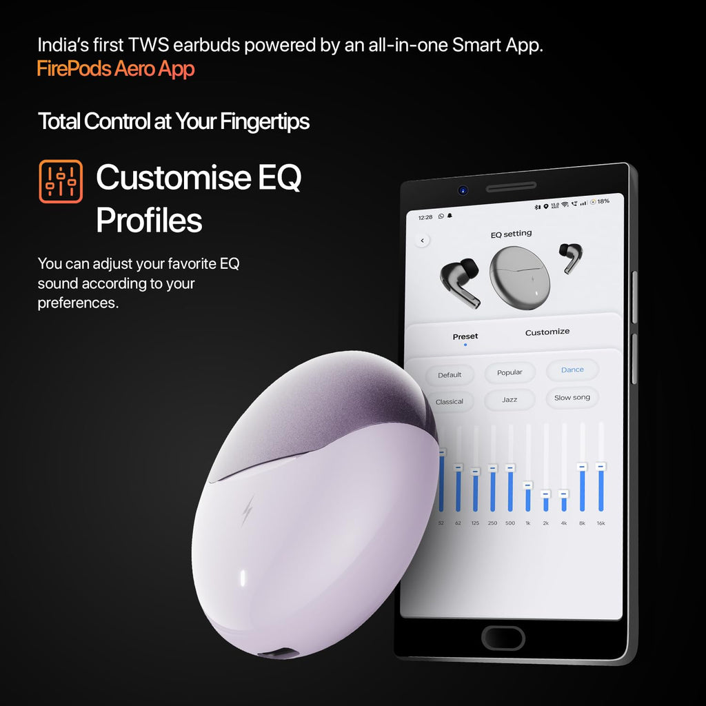 Fire-Boltt Aero TWS Earbuds Custom EQ, Wireless Bluetooth 5.4, Music & App Support, 50H Playtime, Fast Charging Case, 50ms Low Latency for Gaming, Touch Controls, IPX4 Waterproof, Clear Calls - Black