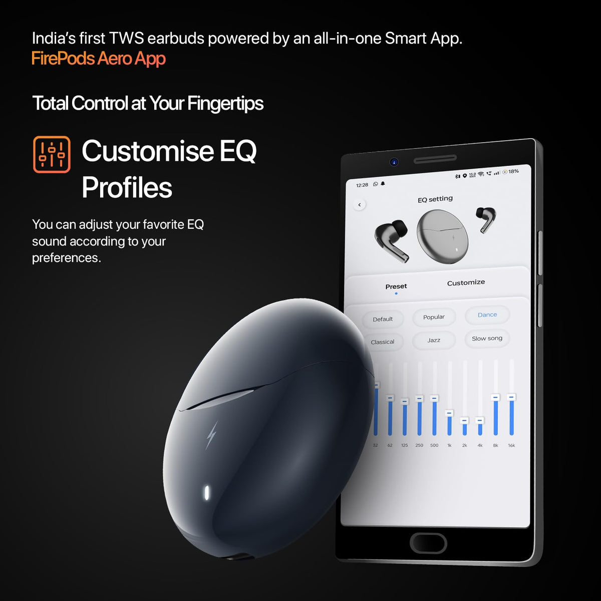 Fire-Boltt Aero TWS Earbuds Custom EQ, Wireless Bluetooth 5.4, Music & App Support, 50H Playtime, Fast Charging Case, 50ms Low Latency for Gaming, Touch Controls, IPX4 Waterproof, Clear Calls - Black