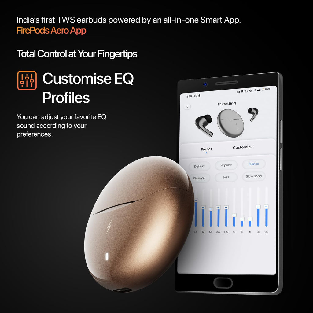 Fire-Boltt Aero TWS Earbuds Custom EQ, Wireless Bluetooth 5.4, Music & App Support, 50H Playtime, Fast Charging Case, 50ms Low Latency for Gaming, Touch Controls, IPX4 Waterproof, Clear Calls - Black
