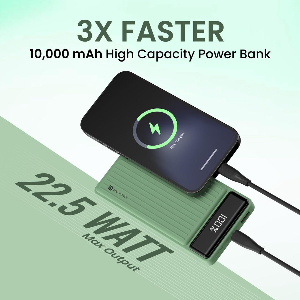 Portronics Luxcell B 10K 10000 mAh 22.5W Fast Charging Power Bank, Ultra Slim Power Bank with Mach USB-A Output, Type C PD Output, Type C Input, Wake Up Button(Green)