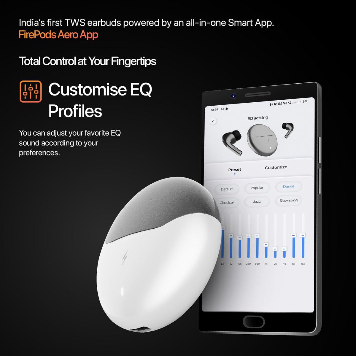 Fire-Boltt Aero TWS Earbuds Custom EQ, Wireless Bluetooth 5.4, Music & App Support, 50H Playtime, Fast Charging Case, 50ms Low Latency for Gaming, Touch Controls, IPX4 Waterproof, Clear Calls - Black