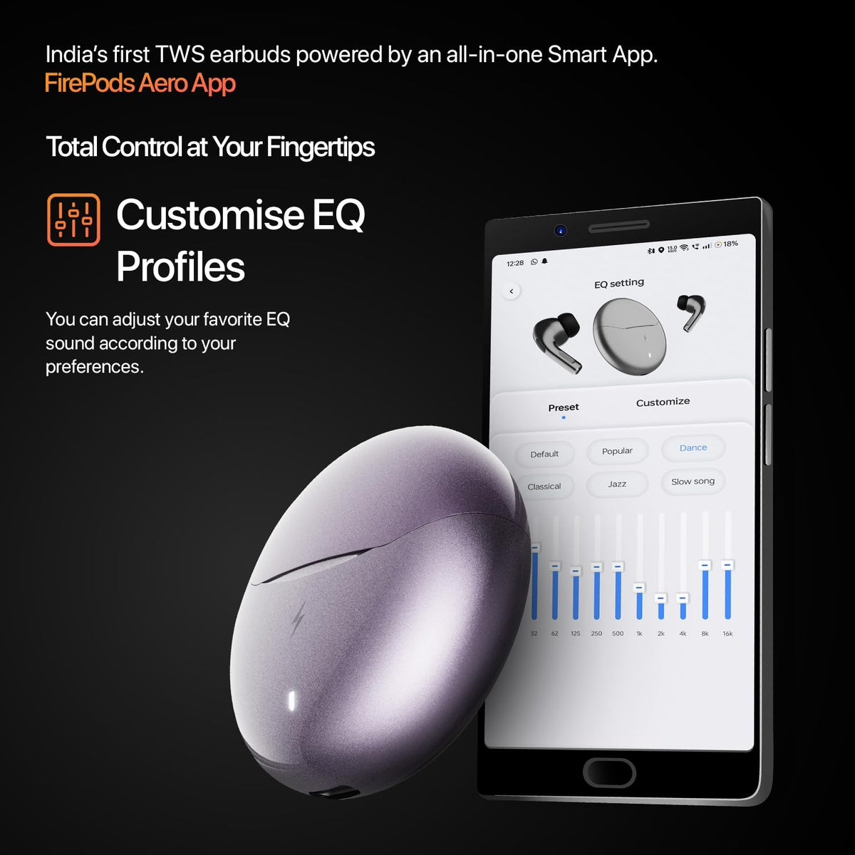 Fire-Boltt Aero TWS Earbuds Custom EQ, Wireless Bluetooth 5.4, Music & App Support, 50H Playtime, Fast Charging Case, 50ms Low Latency for Gaming, Touch Controls, IPX4 Waterproof, Clear Calls - Black