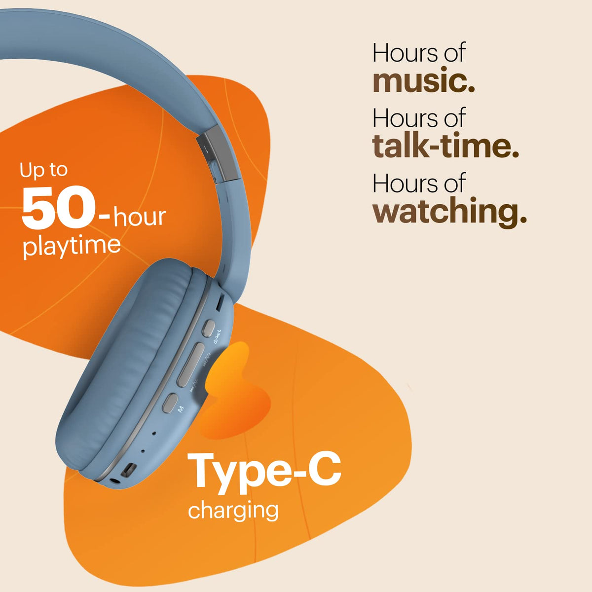 Noise Two Wireless On Ear Headphones with 50 Hours Playtime, Low Latency(up to 45ms), 4 Play Modes, Dual Pairing, BT v5.3 (Serene Blue)
