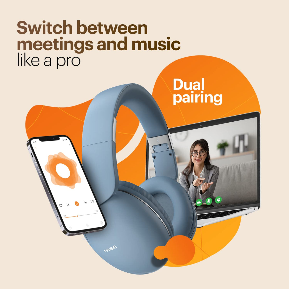 Noise Two Wireless On Ear Headphones with 50 Hours Playtime, Low Latency(up to 45ms), 4 Play Modes, Dual Pairing, BT v5.3 (Serene Blue)